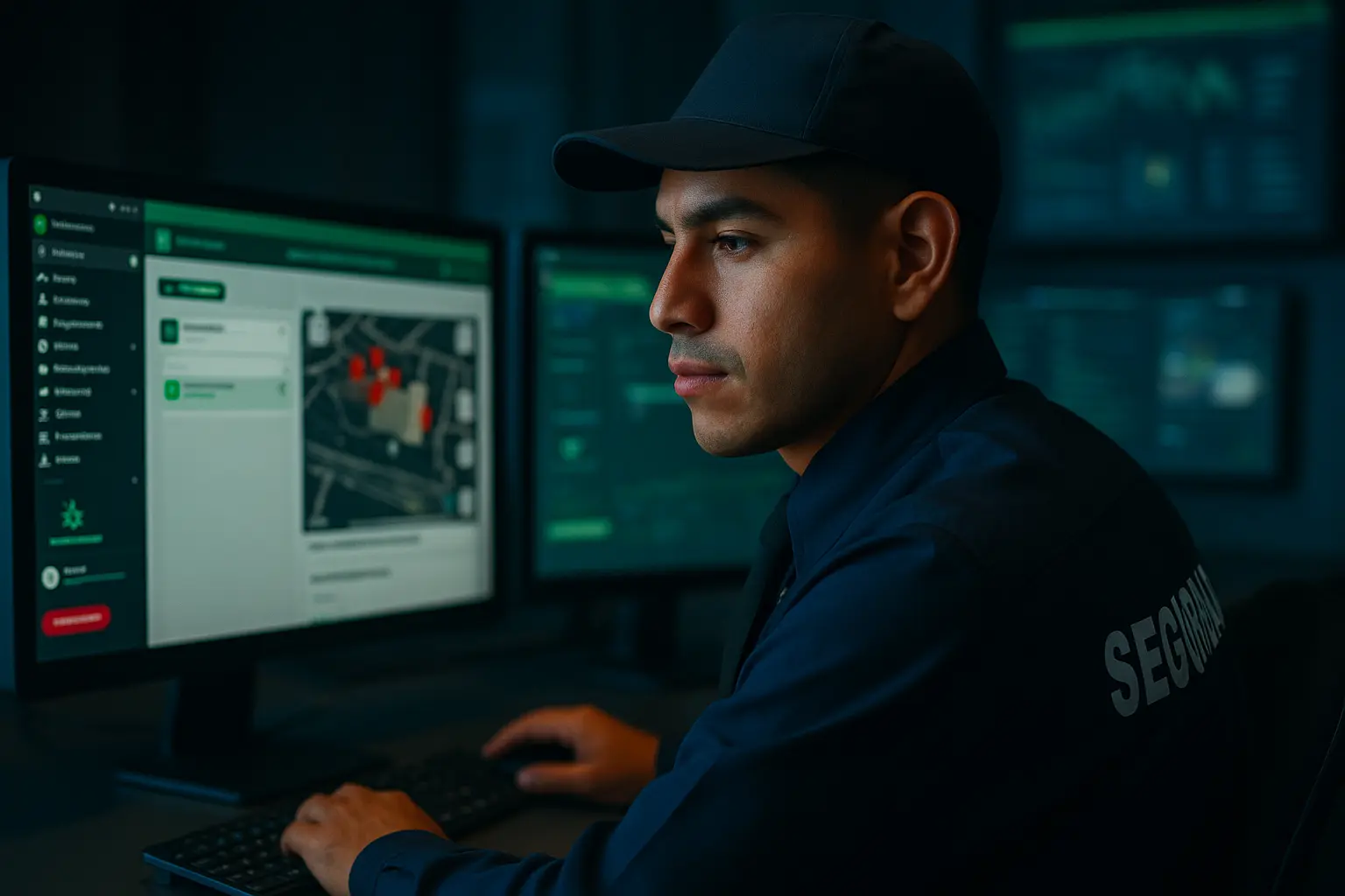 Agente de seguridad Trinity Guard en centro de monitoreo, revisando mapas y datos en varios monitores