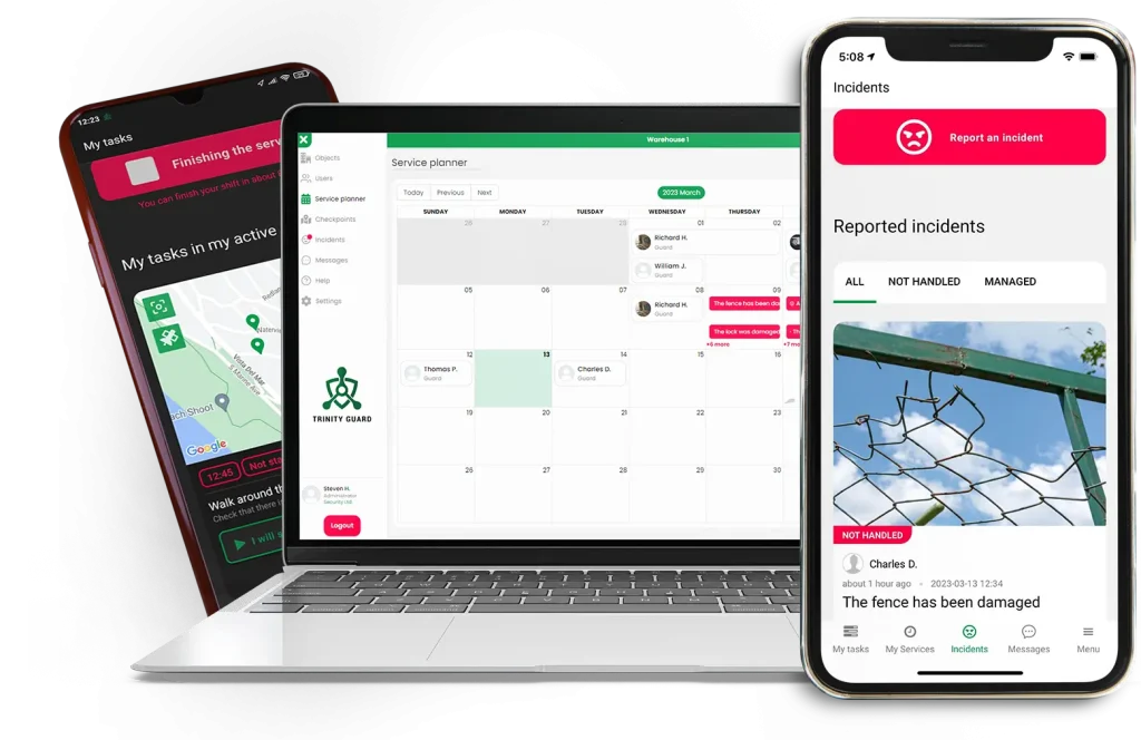 Mockups de Trinity Guard en smartphone y portátil mostrando control de rondines, planificador de servicios y reporte de incidentes