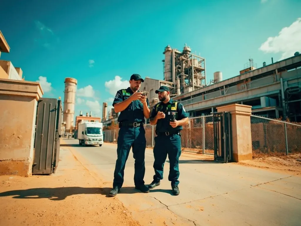 Guardias de seguridad mexicanos realizando un rondín digital y verificando puntos en una planta industrial con la app móvil de Trinity Guard.