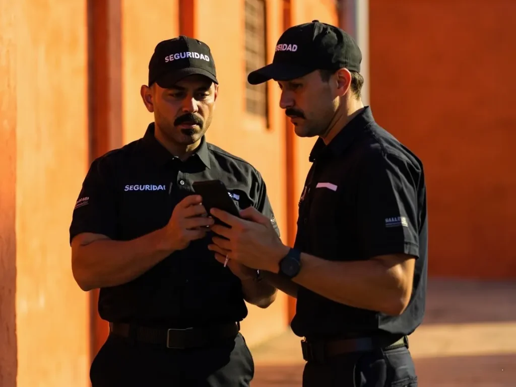 Guardias de seguridad revisando un punto de control con la app móvil de rondines digitales Trinity Guard en México.