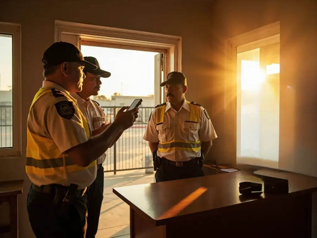Supervisor de seguridad en México capacitando a guardias sobre el uso del software de rondín en una caseta al atardecer.