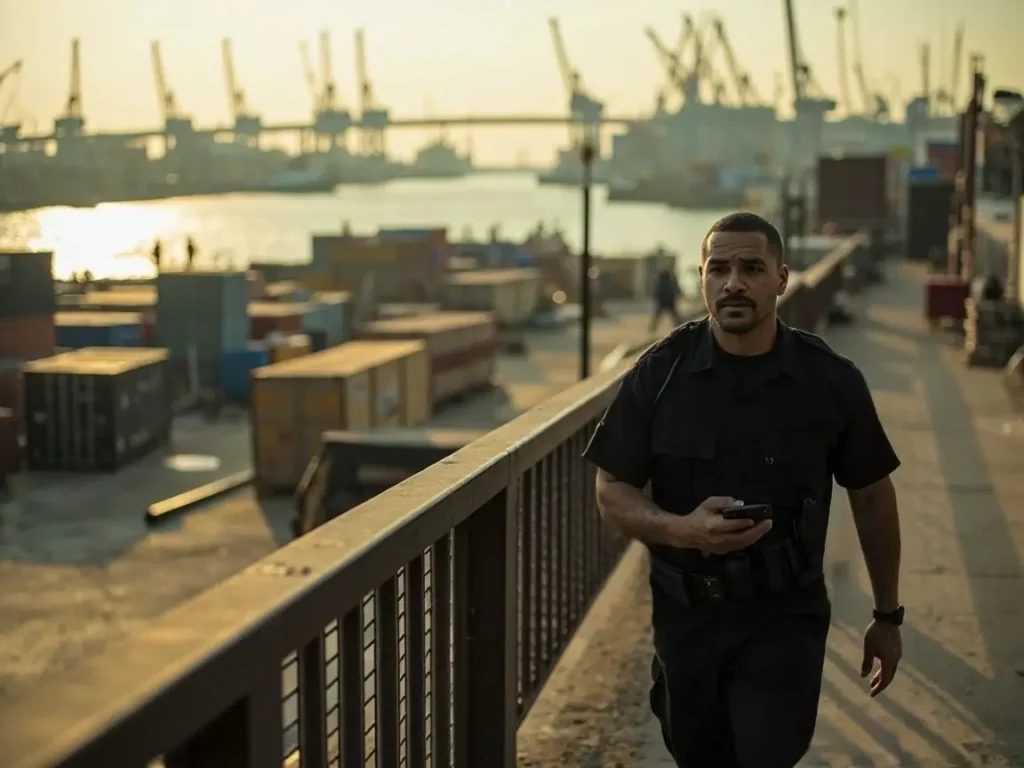 Guardia de seguridad realizando una ronda móvil en un puerto industrial de México con la aplicación Trinity Guard.