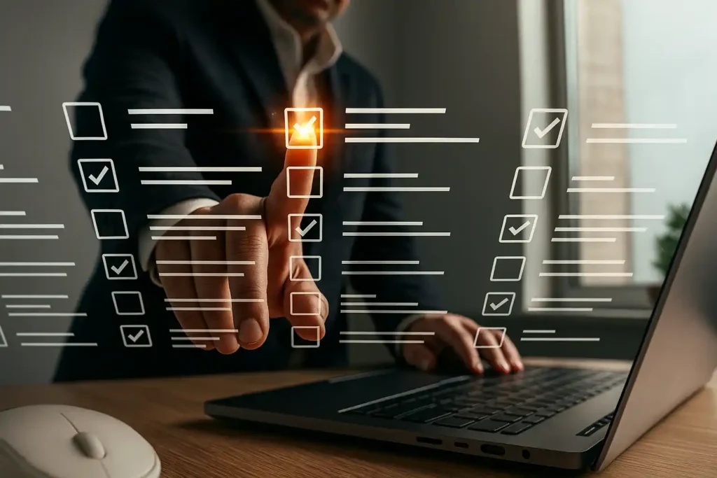 Operador marcando tareas digitales en un checklist virtual desde un portátil.
