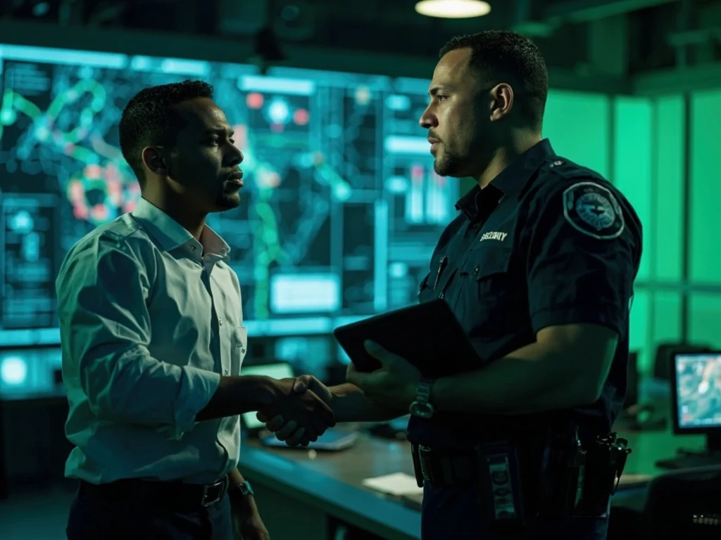 Operador y guardia de seguridad colaborando en un centro de control con el sistema Trinity Guard.