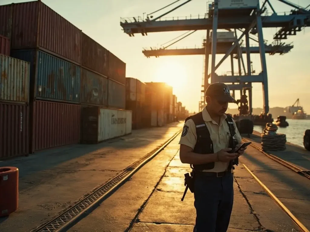 Guardia de seguridad en puerto industrial mexicano usando una app móvil para controlar rondines digitales con GPS y códigos QR.