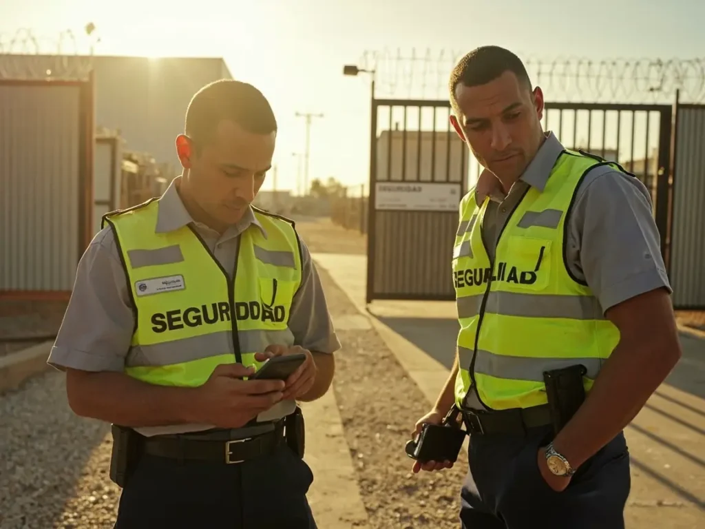 Guardias de seguridad en México revisando información en la aplicación Trinity Guard durante una ronda en un acceso industrial.