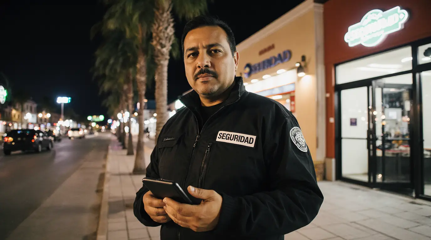 Guardia de seguridad en México usando tablet para registrar rondines nocturnos