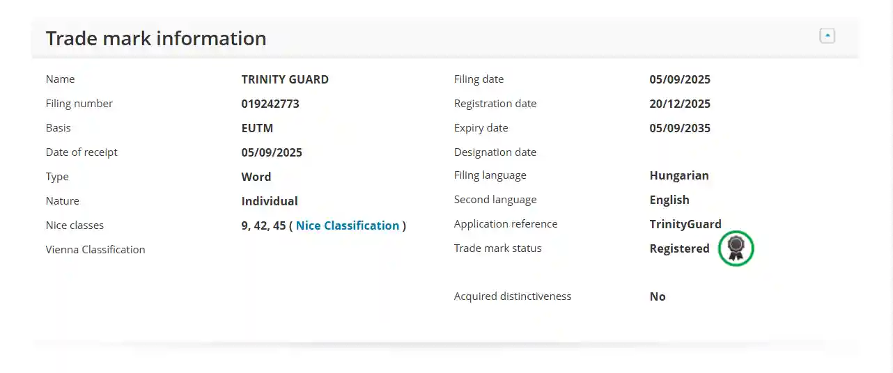 Detalles del registro de marca EUIPO — Trinity Guard®