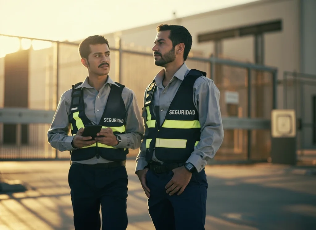 Guardias de seguridad realizando un rondín industrial con apoyo digital en México