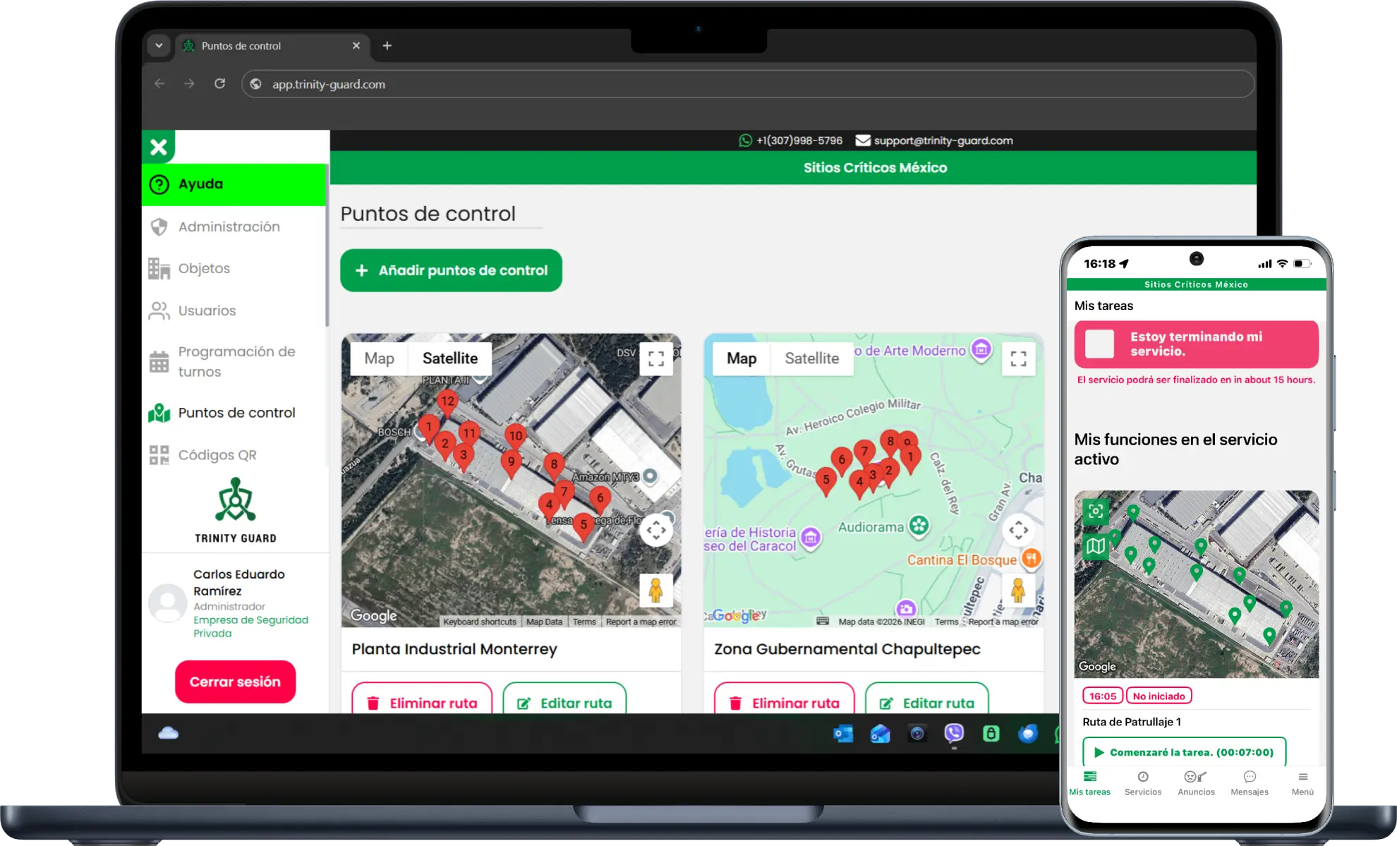 Sistema de rondines Trinity Guard en México — app móvil y panel web