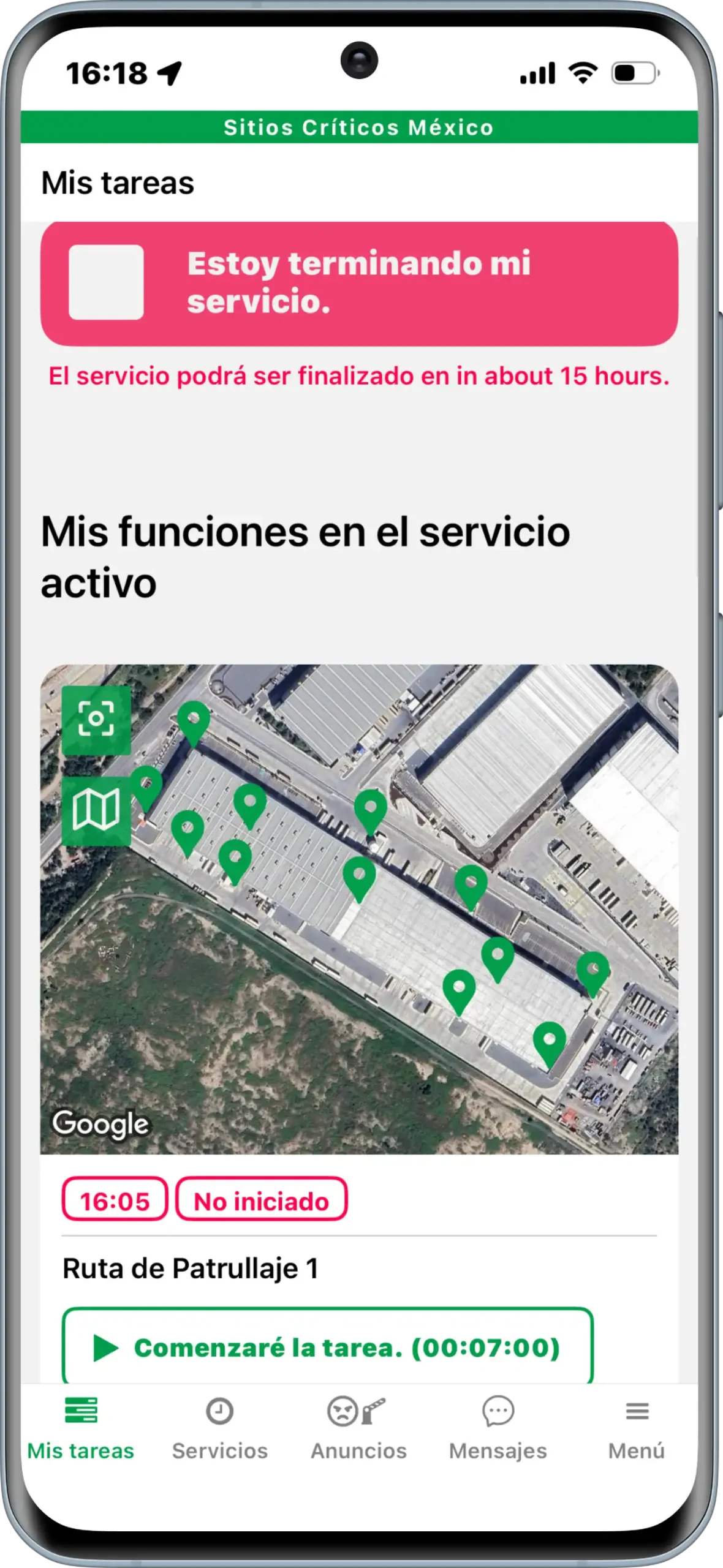 Aplicación móvil de control de rondas Trinity Guard en México con patrullaje activo, mapa GPS y verificación operativa en tiempo real