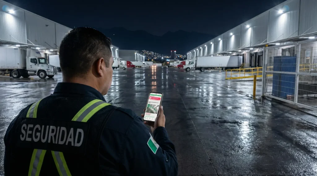 Guardia de seguridad en México realizando rondín nocturno con teléfono móvil en un parque logístico industrial