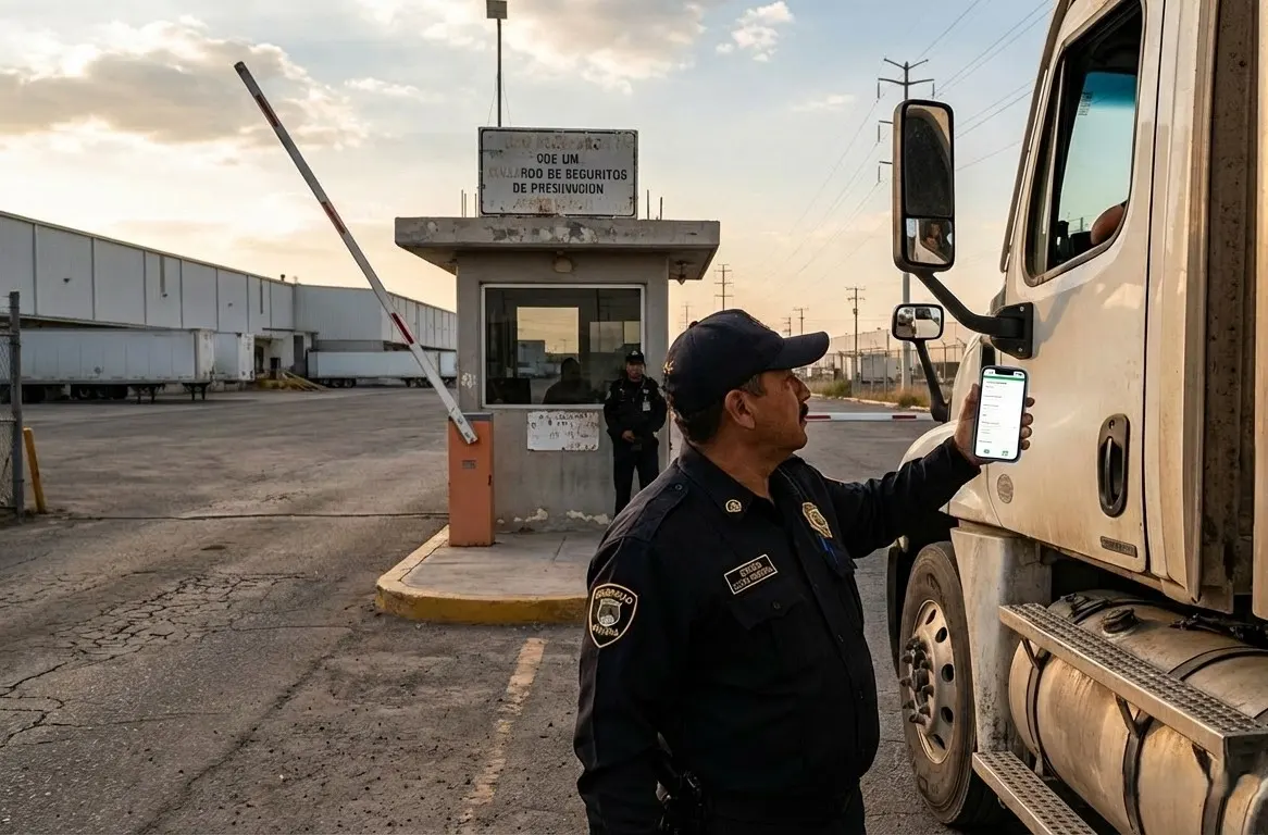 Guardia de seguridad registrando la entrada de un camión con una app móvil en un acceso industrial en México