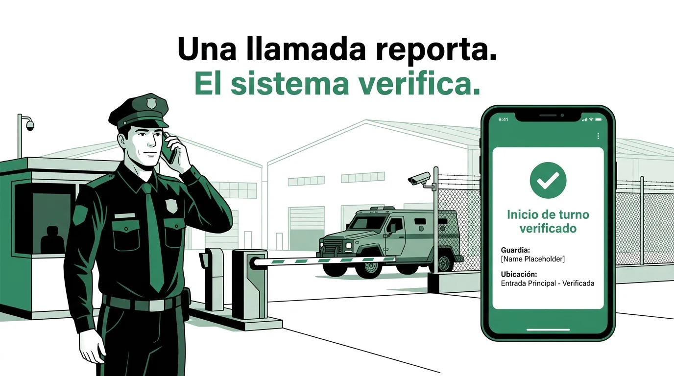 Guardia de seguridad reportando por teléfono frente a una app con inicio de turno verificado en México.