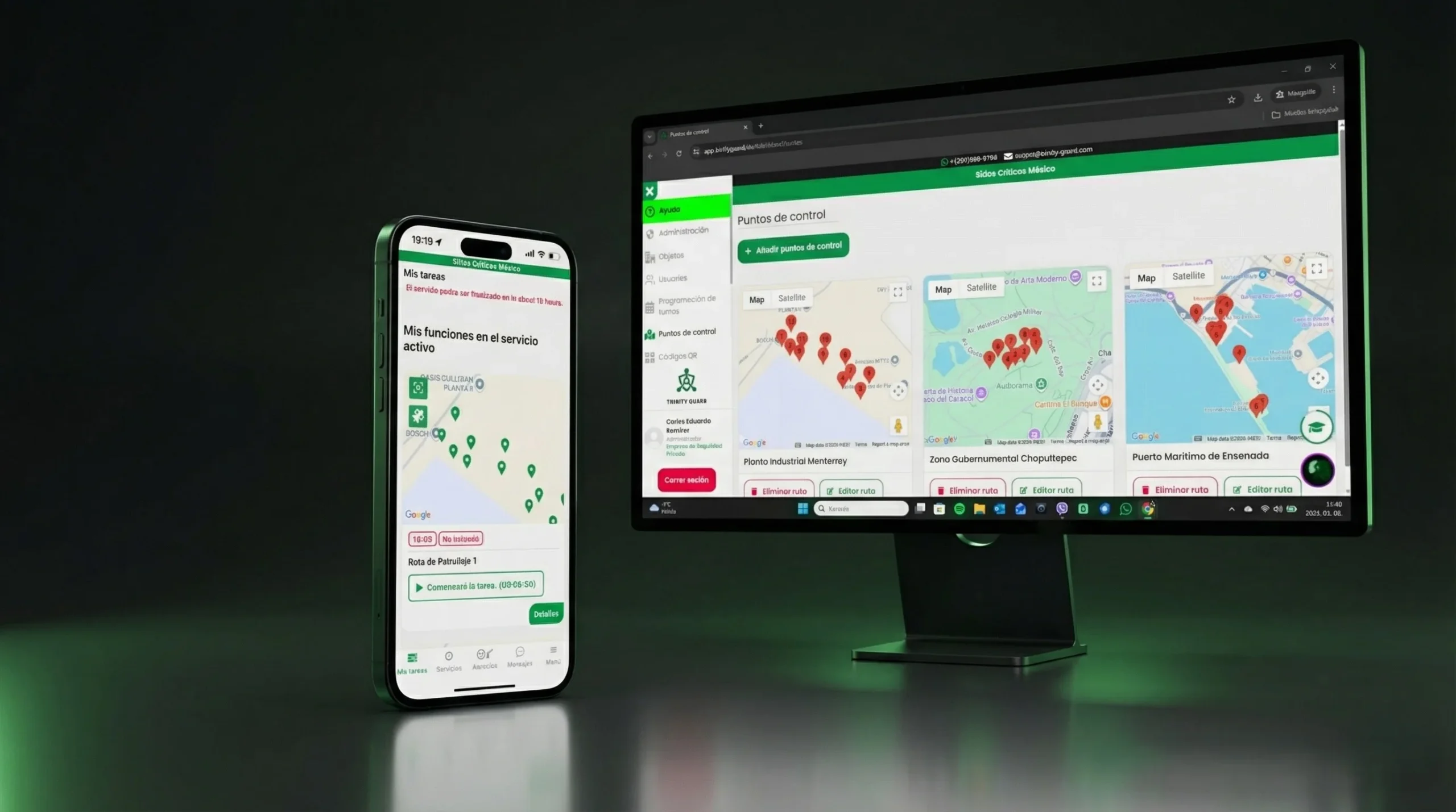 Sistema de control de rondines en México con app móvil y panel web para supervisión de guardias, rutas y puntos de control