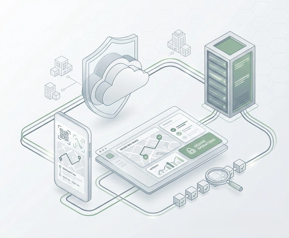 Ilustración del sistema de rondines Trinity Guard Enterprise en servidor propio con app móvil, panel web, verificación GPS y QR en México