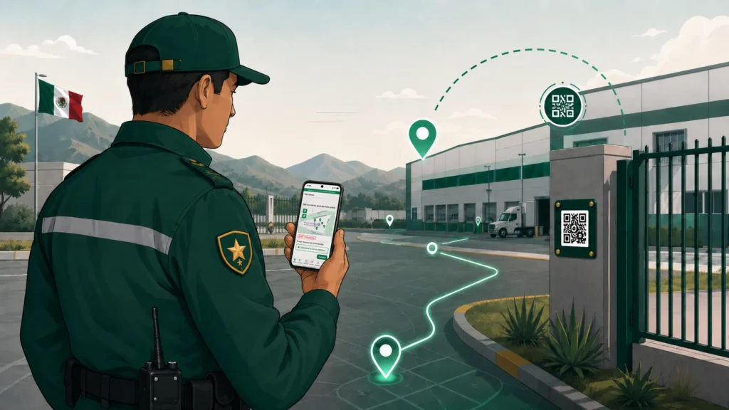 Guardia de seguridad en México usando una app de rondines con GPS, mapa de tareas y verificación QR en un acceso industrial.