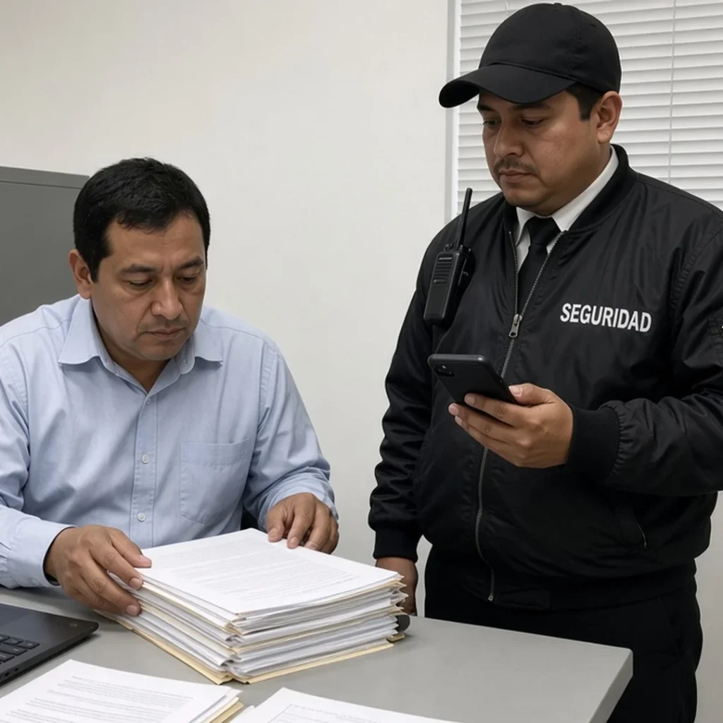 Guardia de seguridad mostrando su teléfono al dueño de una nueva empresa de seguridad privada en su oficina