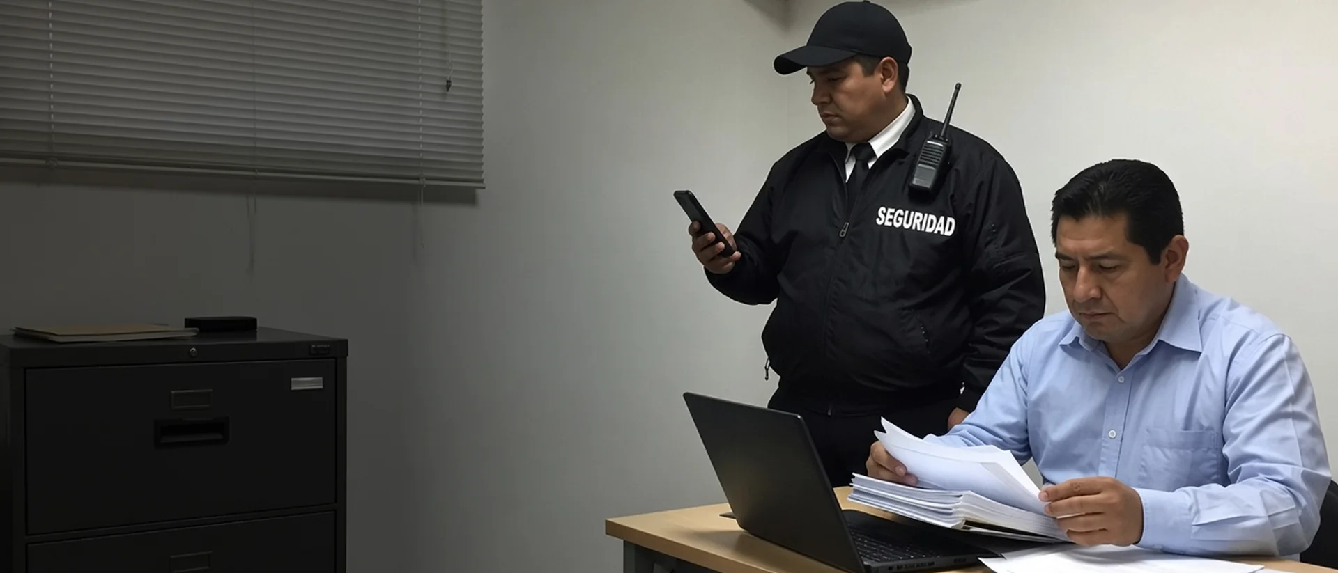 Fundador de una empresa de seguridad privada en México revisando documentos de autorización junto a su primer guardia
